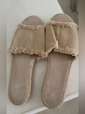 Beige Frayed Canvas Slide Sandals - Women